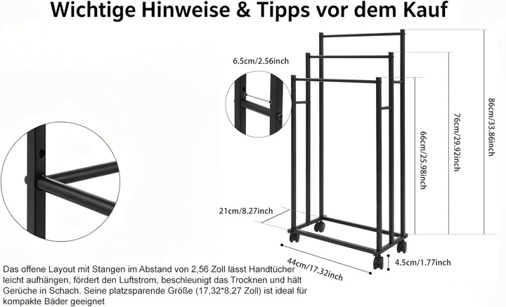 Handtuchhalter Stehend,Metall Handtuchständer mit 4 Rollen 2 Bremsen 3 Stangen,Freistehend Badetuchh