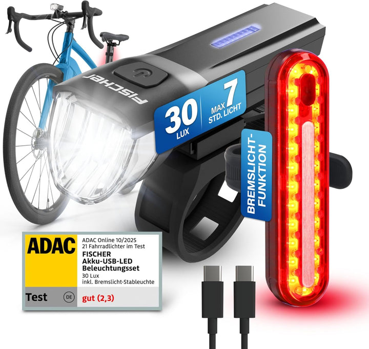 FISCHER Fahrrad-Beleuchtungsset Stop 30/15 Lux mit Bremslicht, Front- und Rückleuchte, mit Akku und
