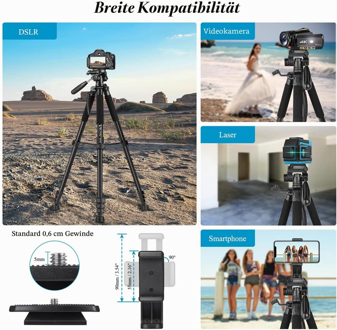 Victiv Kamera Stativ mit 52–160-185cm Höhe, leichtes Camera Tripod mit Abnehmbar 3-Wege-Kopf, Alumin