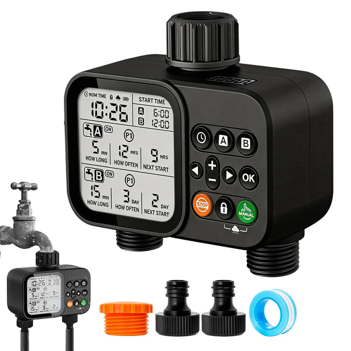 Bewässerungscomputer 2 Ausgänge, IP54 Wasserdichtes Weiss, Bewässerungsuhr Regenverzögerung, Wasser
