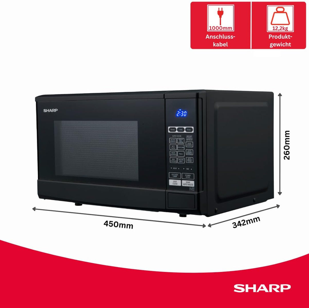 Sharp R-270BK Solo-Mikrowelle, 20 L, 800 W, 10 Leistungsstufen, 8 AutoCook-Programme, Timer bis 99 M