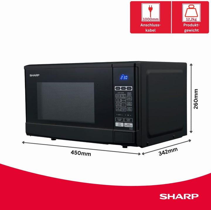 Sharp R-270BK Solo-Mikrowelle, 20 L, 800 W, 10 Leistungsstufen, 8 AutoCook-Programme, Timer bis 99 M
