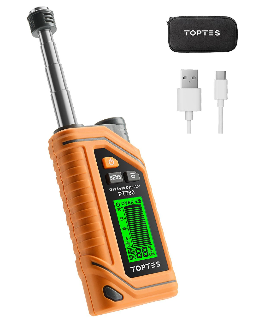 TopTes PT760 Wiederaufladbarer Erdgas-Detektor, Gaslecksuchgerät mit 30 cm ausziehbarem Sonde,%LEL P