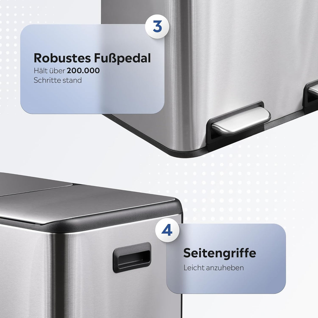 WLIVE Mülleimer 2 x 30L (60L Gesamtvolumen),Mülleimer Küche,Edelstahl Mülltrennsystem mit Mülleimer
