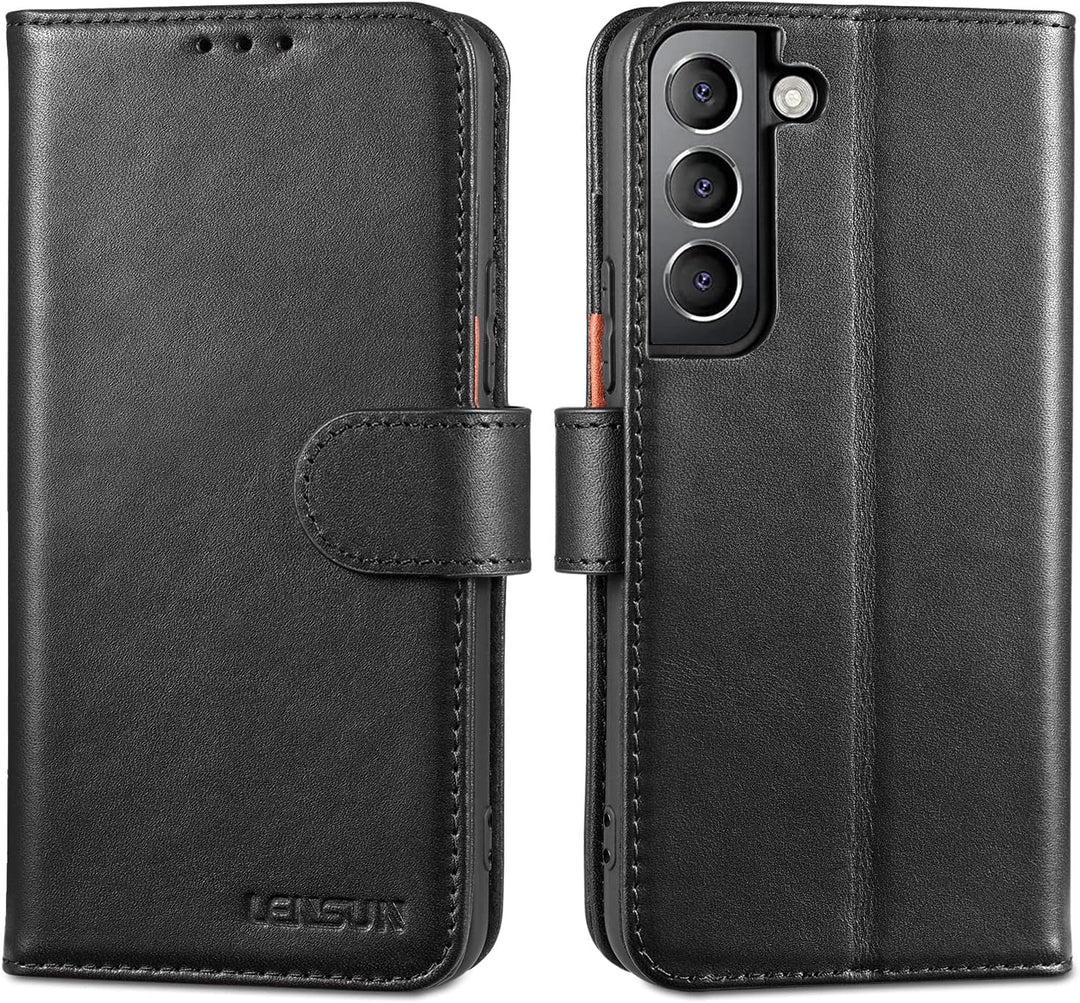 LENSUN Echtleder Hülle für Samsung Galaxy S22, Handyhülle [Echtes Leder] [Magnetverschluss] [RFID Sc