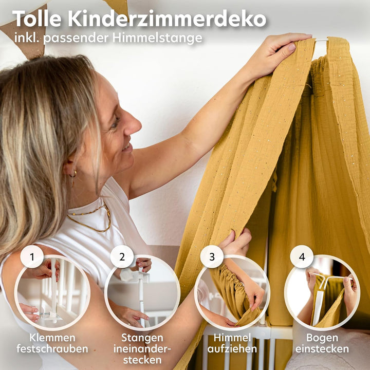 Betthimmel Babybett mit Goldapplikationen [in 12 Farben] Himmel Babybett aus 100% Baumwolle Musselin