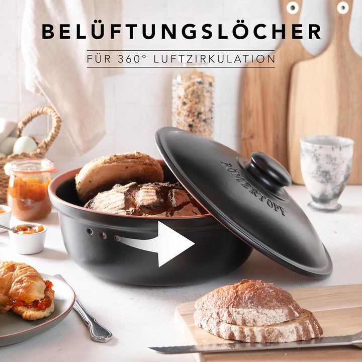 Römertopf Brottopf Rund Ø 30cm - Brotkasten Schwarz aus Keramik - Atmungsaktiver Tontopf für langanh