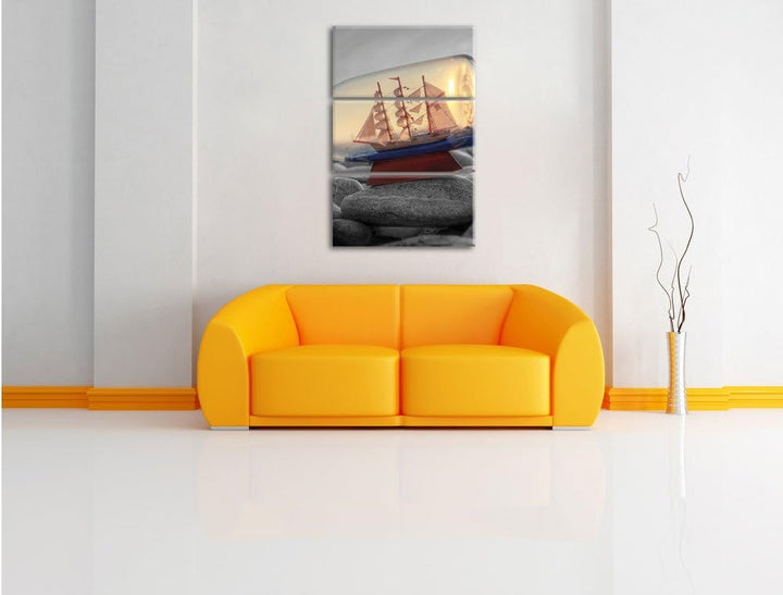 Pixxprint Schiff in Flasche am Steinstrand als Leinwandbild/Grösse: 3 Teilig (120x80 cm) cm/Wandbild