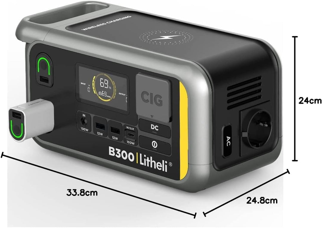 Litheli Tragbare Powerstation B300 336Wh Stromgenerator mit Reinem Sinuswellen-AC-Ausgang, 100W PD S