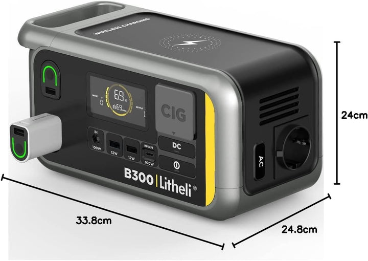Litheli Tragbare Powerstation B300 336Wh Stromgenerator mit Reinem Sinuswellen-AC-Ausgang, 100W PD S