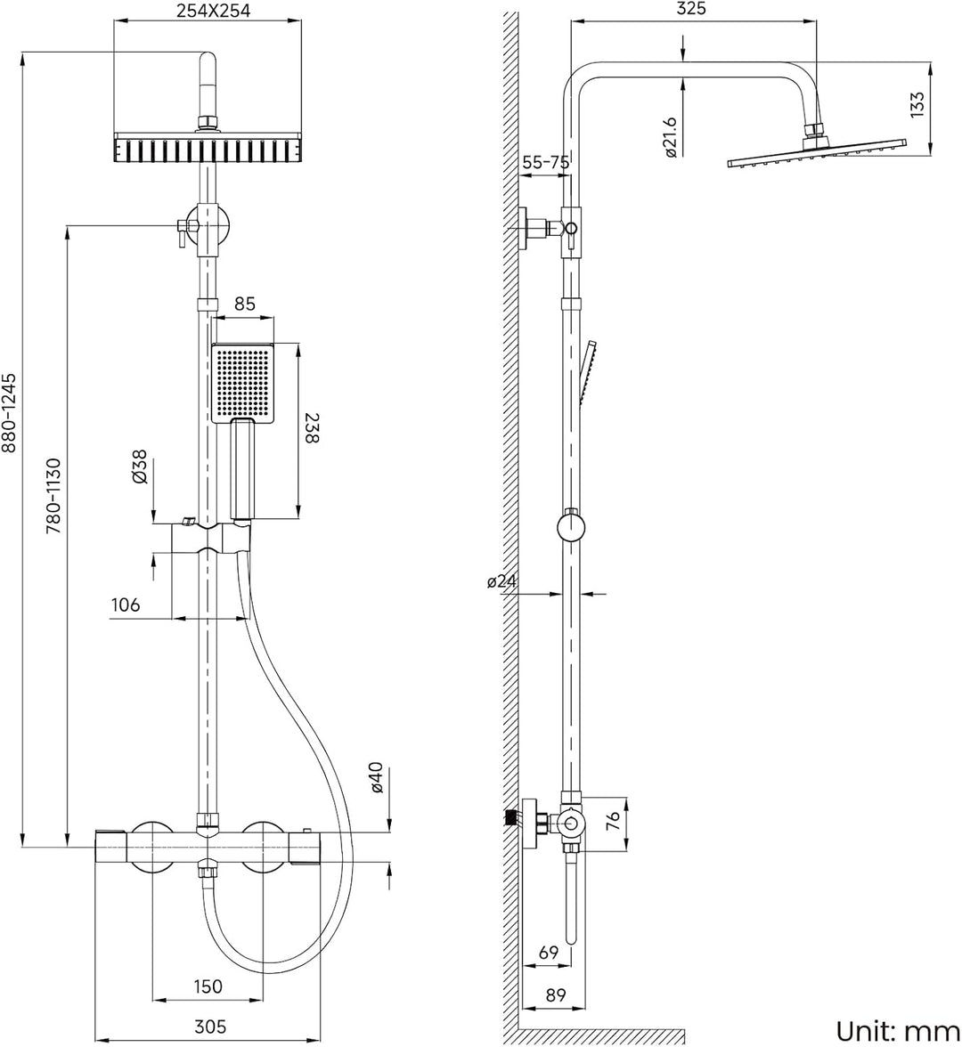 Auralum Thermostat-Duscharmatur komplettset mit Verbrühschutz, Duschsystem mit Regendusche, Duschgar