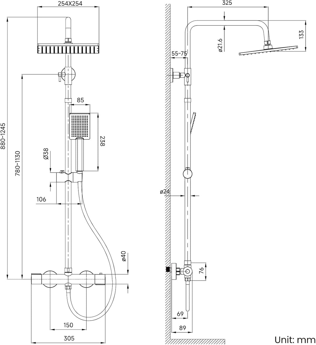 Auralum Thermostat-Duscharmatur komplettset mit Verbrühschutz, Duschsystem mit Regendusche, Duschgar