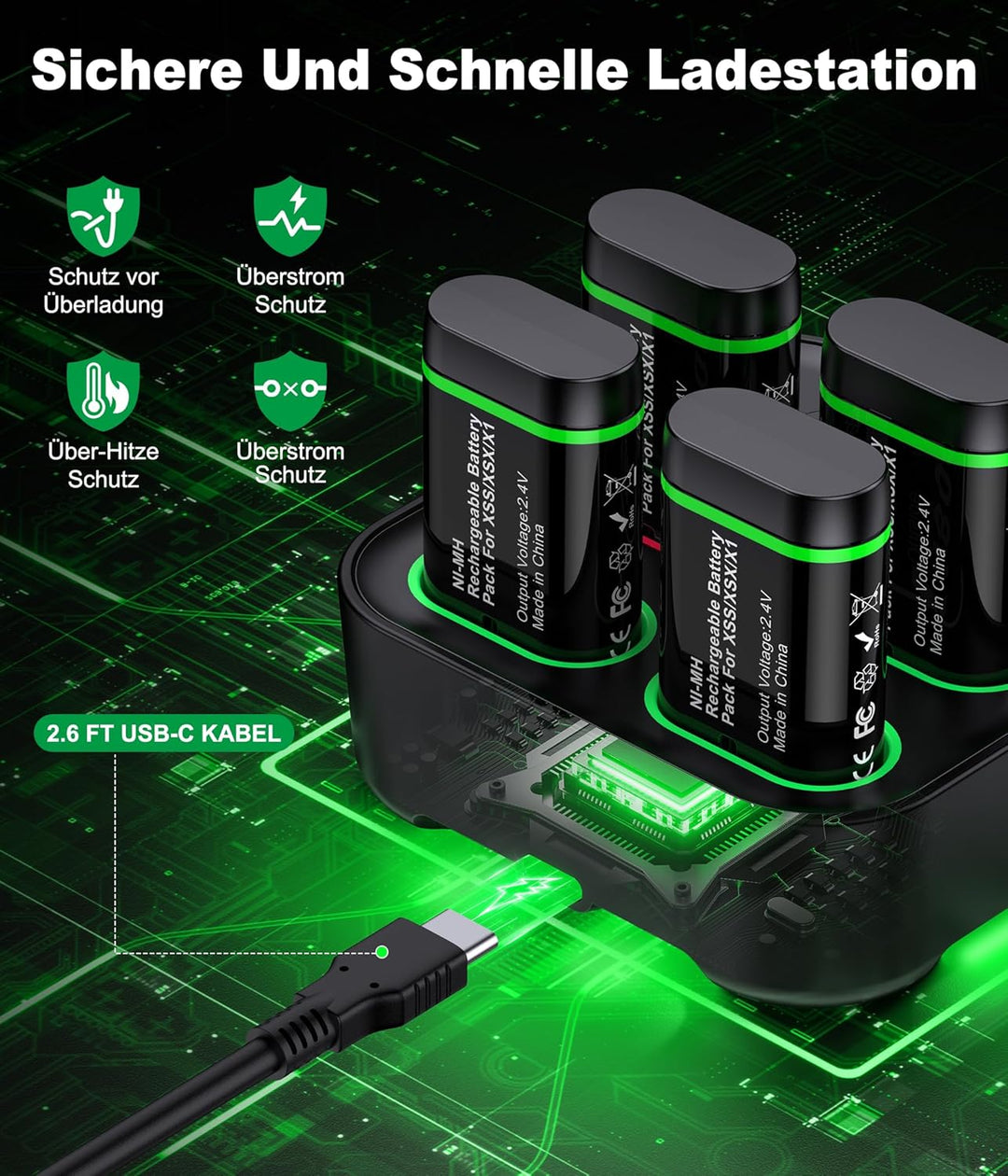 Ladestation Controller für Xbox One Akkupack mit 4x3600mWh Schnellladung USB Wiederaufladbar Akku-La