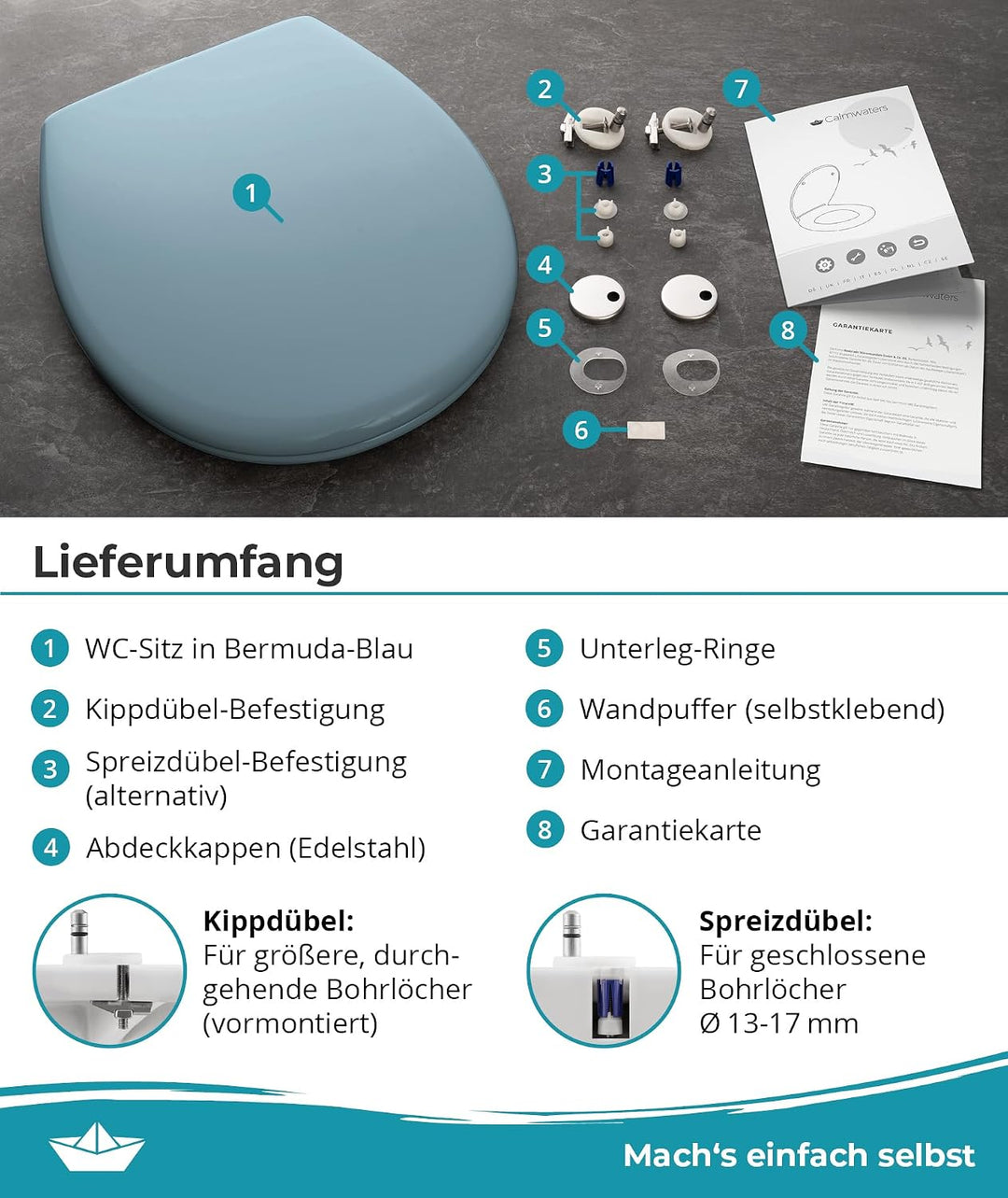 Calmwaters® Premium WC Sitz einfache Montage, Toilettendeckel bis 250 kg, Made in EU, antibakteriell