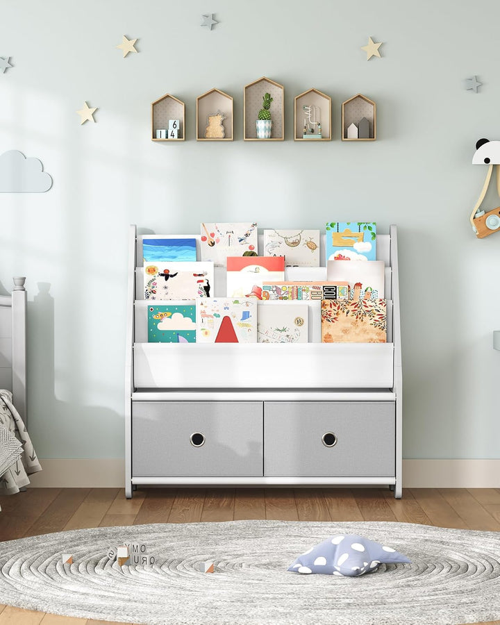 Kinder Bücherregal, Kinderregal, Spielzeug-Organizer, mit 3 Stofffächern und 2 herausziehbaren Spiel