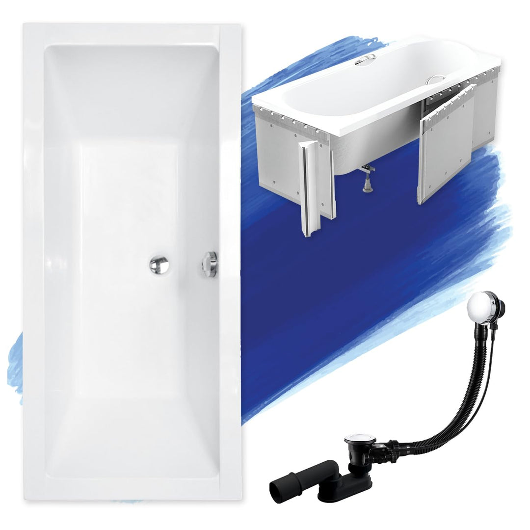 BADLAND Badewanne Original Weiss Acryl Wanne Rechteck QUADRO SLIM 165x75 KOMPLETTSET SET mit Premium