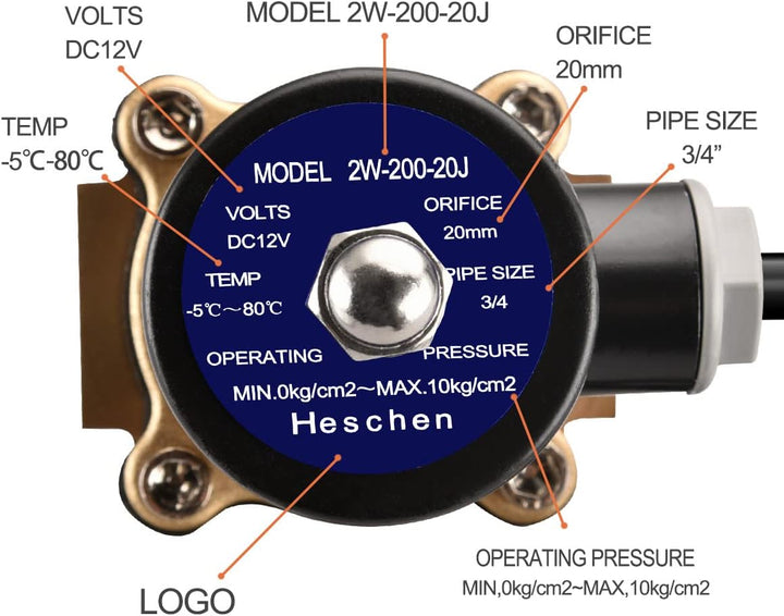 Heschen Messing Elektrisches Magnetventil, 2W-200-20J, PT3/4'', DC12V, Direct Action Wasser Air, Nor