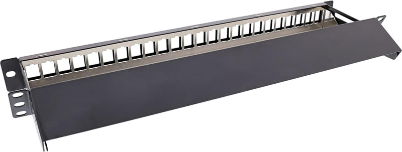 InLine® Patchfeld 24-Fach, Keystone Leerblech Patchpanel mit Auszug, 19", 1HE, schwarz RAL9005