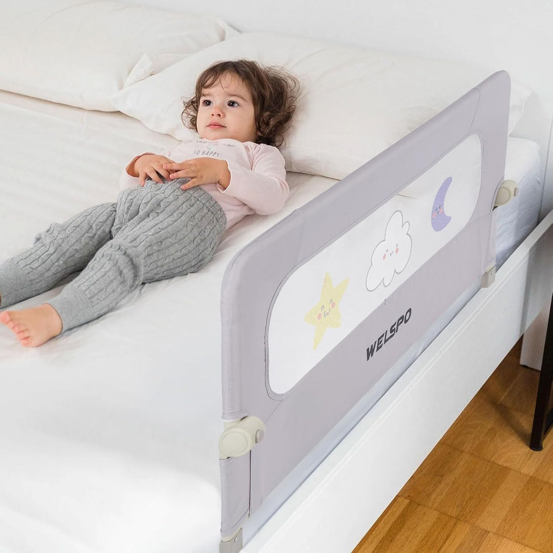 welspo Bettgitter Bettschutzgitter Bettgitter mit Kindermotiven, Rausfallschutz für Kinderbett, Grau