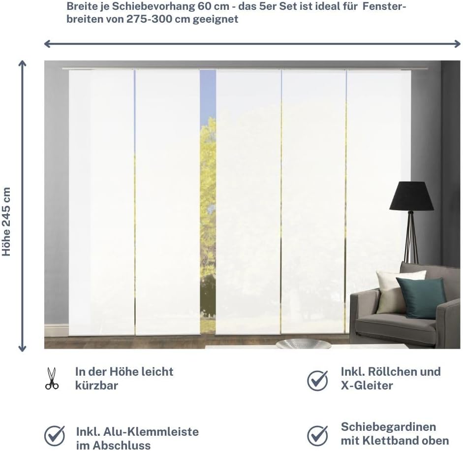 wohnfuehlidee 5er-Set Flächenvorhänge Deko Blickdicht Roma 5X Uni Weiss