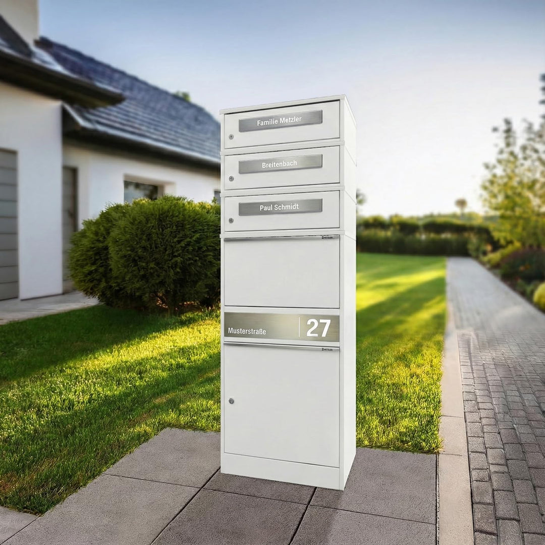 Metzler Paketbox mit 3 Briefkästen – 3er Briefkasten mit Paketfach & Namensgravur, personalisierte B