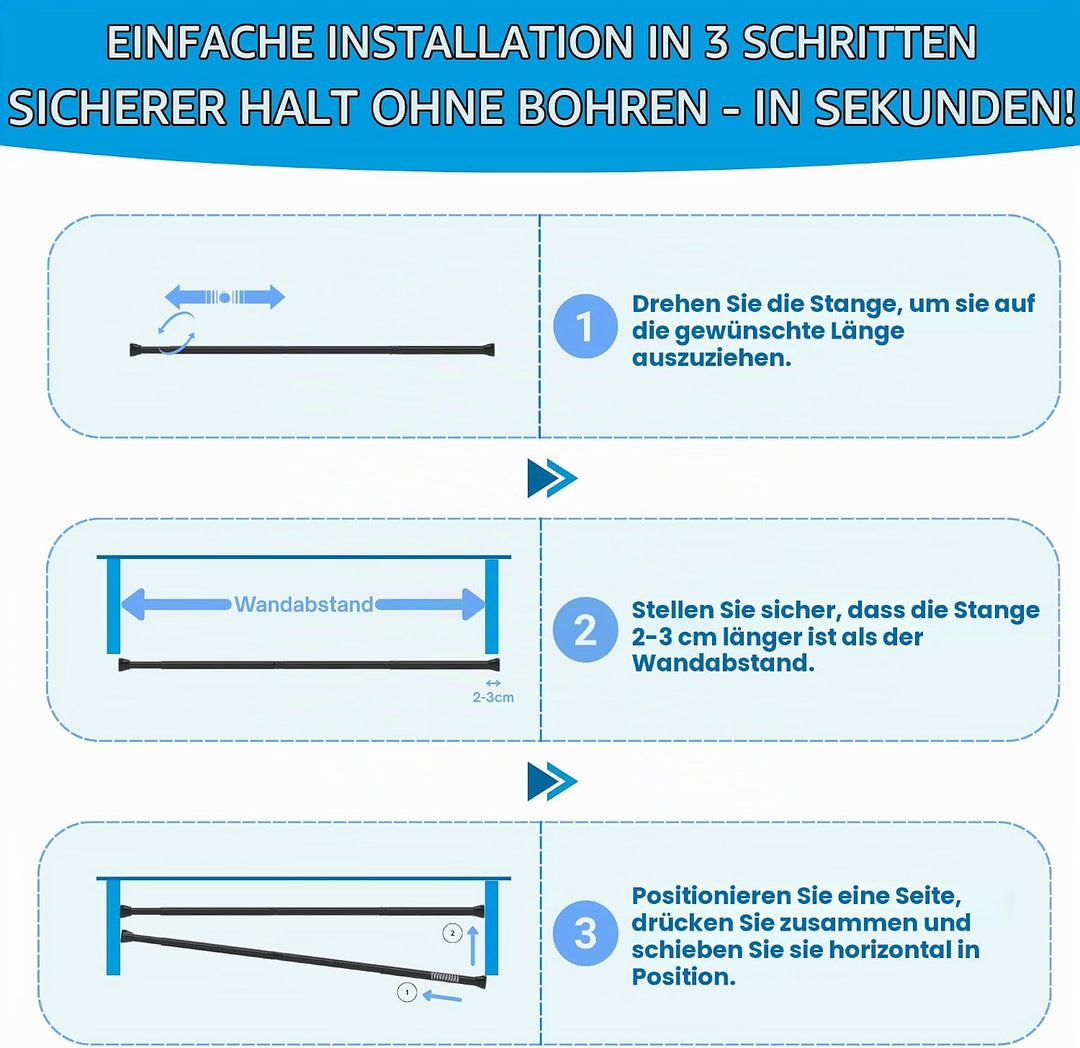 1 Stück Duschstange ohne Bohren Edelstahl Gardinenstange ohne bohren Einstellbar Klemmstange für Gar