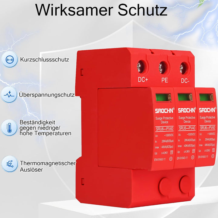 Warmfay Überspannungsschutz PV C (T2) 3P 20-40KA, 1000V DC Photovoltaic Lightning Protector Niedersp