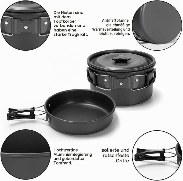 aiGear Camping Kochgeschirr Set/Outdoor Geschirr Set | Camping Topf Kochtopf Tragbar Aluminium | mit
