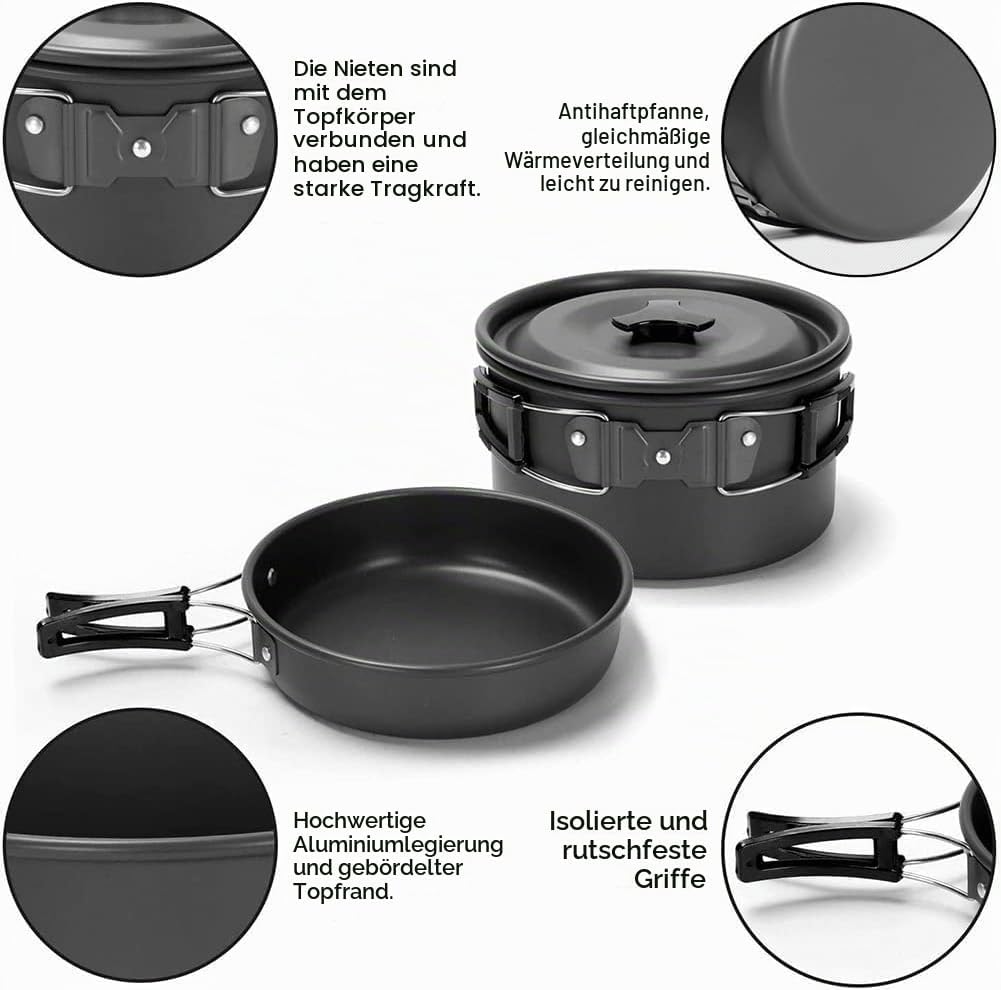 aiGear Camping Kochgeschirr Set/Outdoor Geschirr Set | Camping Topf Kochtopf Tragbar Aluminium | mit
