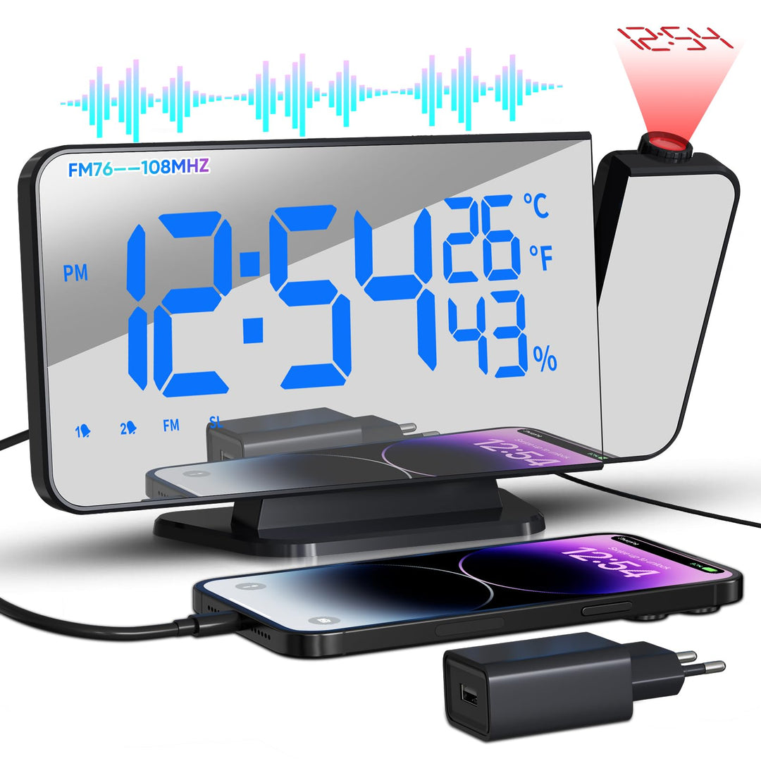 TAKRINK Wecker Digital Radiowecker mit 4 Stufen Bildschirmhelligkeit Projektionswecker mit Temperatu