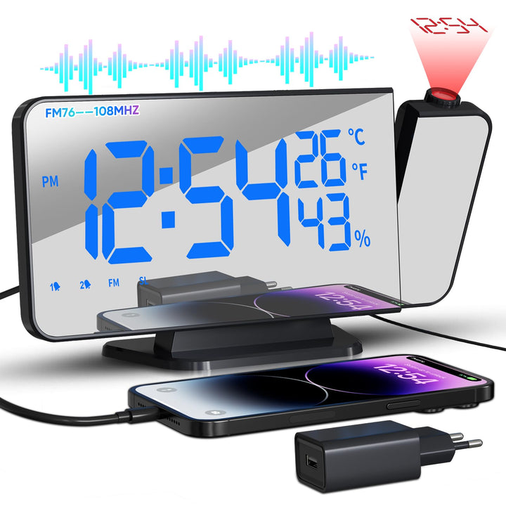 TAKRINK Wecker Digital Radiowecker mit 4 Stufen Bildschirmhelligkeit Projektionswecker mit Temperatu