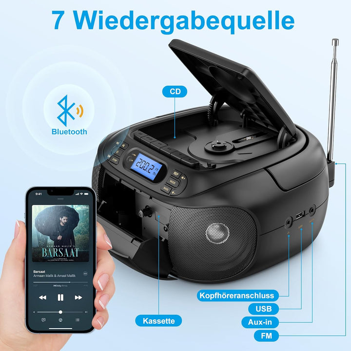 Hernido CD-Player mit Kassette, CD Boombox mit Bluetooth, UKW-Radio, Eingebauten Stereo-Lautsprecher