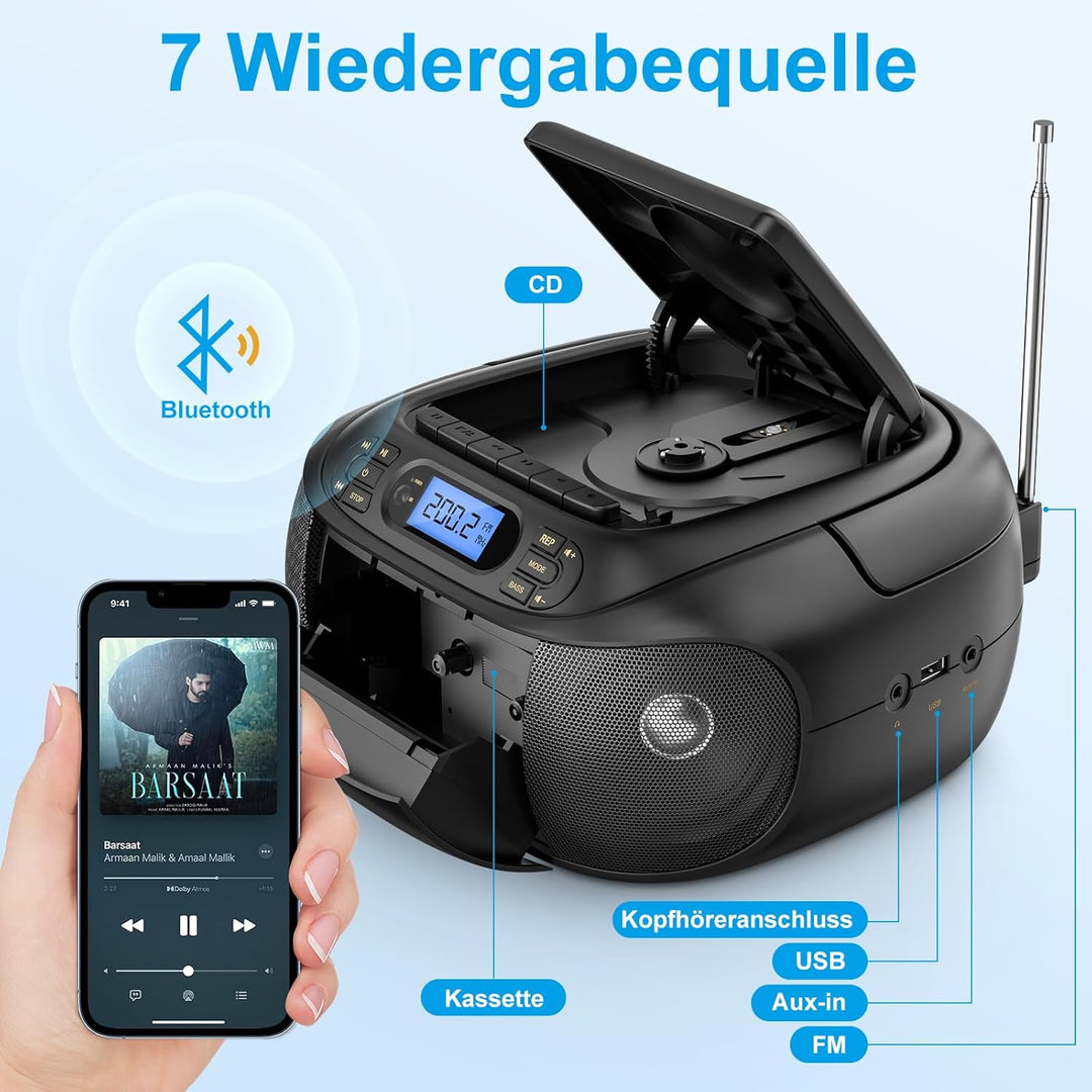 Hernido CD-Player mit Kassette, CD Boombox mit Bluetooth, UKW-Radio, Eingebauten Stereo-Lautsprecher