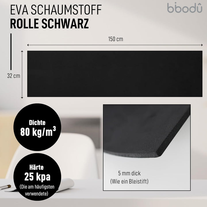 Roll Eva Foam 5mm Schwarz Farbe | Moosgummi 5mm Dicke | Grösse 150cm x 32cm, Dichte 80 kg/m3 | Eva F