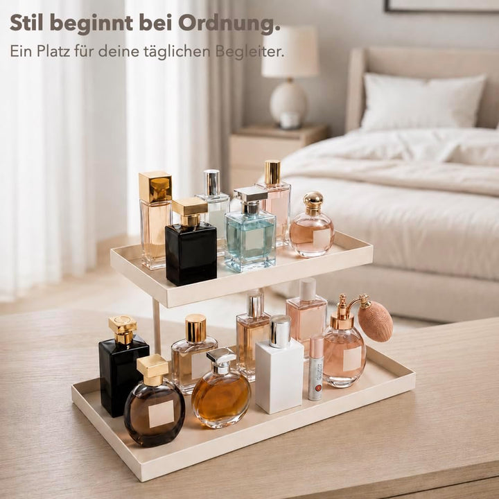Parfüm Organizer aus Metall &amp; Kunstleder I Montagefreier Kosmetik Organizer für Schminktisch und Bad