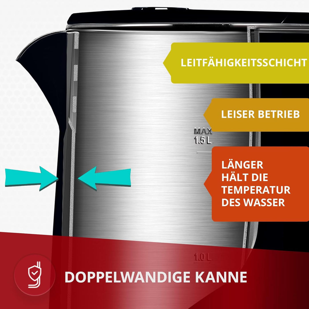 MPM MCZ-120/C Wasserkocher 1,5L mit Doppelwand-Design, Temperaturregelung 40-100°C, Edelstahl-Innenb