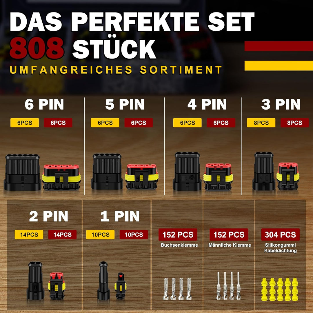 moveland kfz Stecker 808PCS - Schnell kfz Steckverbinder Wasserdicht 1/2/3/4/5/5/6 Polig - Dicht Ste