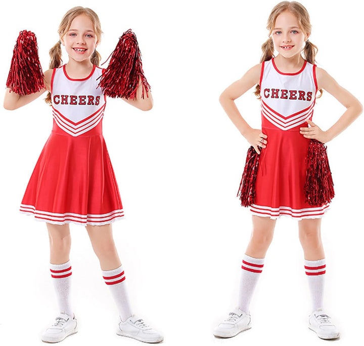 LOLANTA Cheerleader Kostüm Kinder, Cheerleadering Outfit Mädchen mit Pompons 6-7 Jahre Rot, 6-7 Jahr