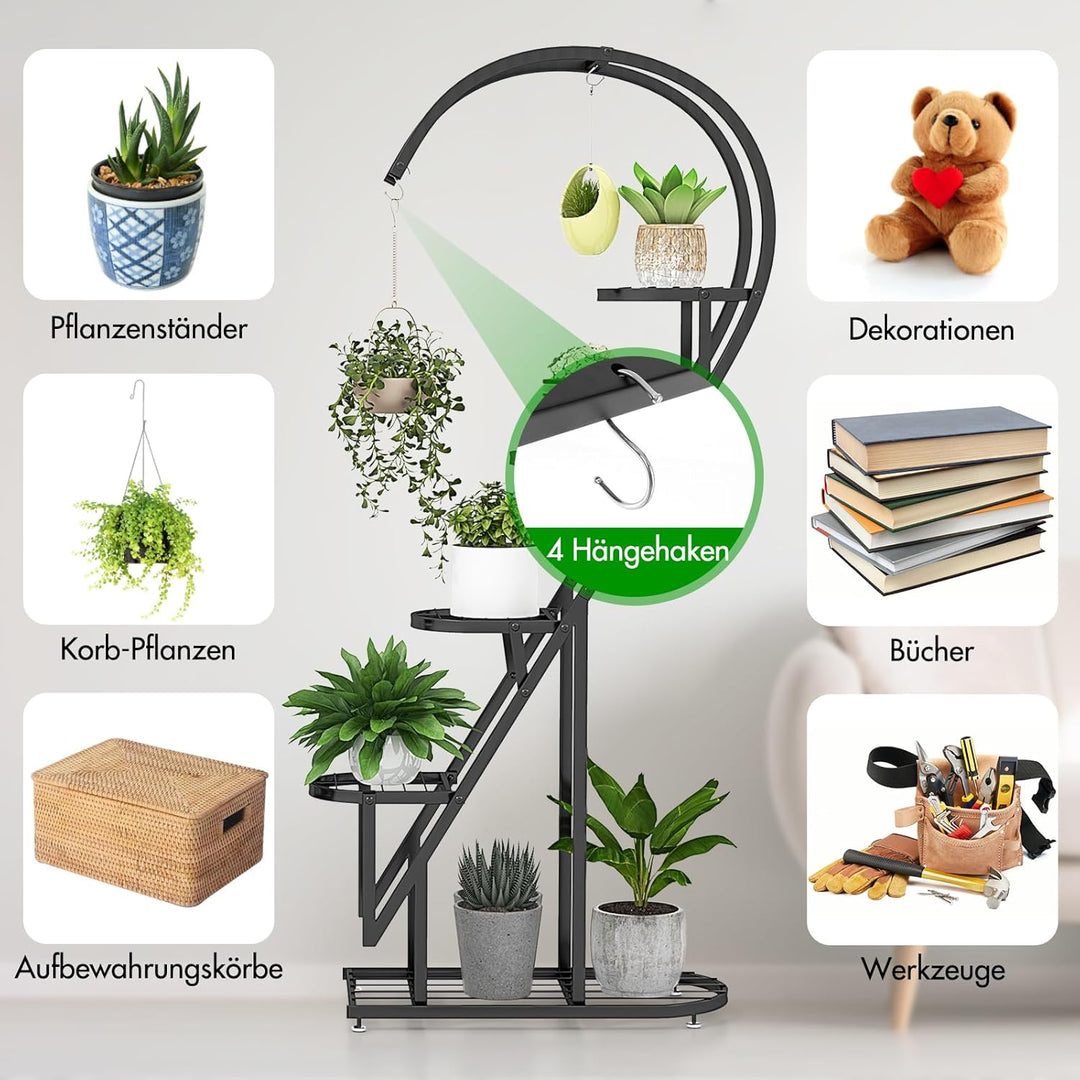 RELAX4LIFE 5-stufiger Pflanzenständer Metall, Blumentreppe Herzförmig, Pflanzenregal mit 4 Haken, Bl