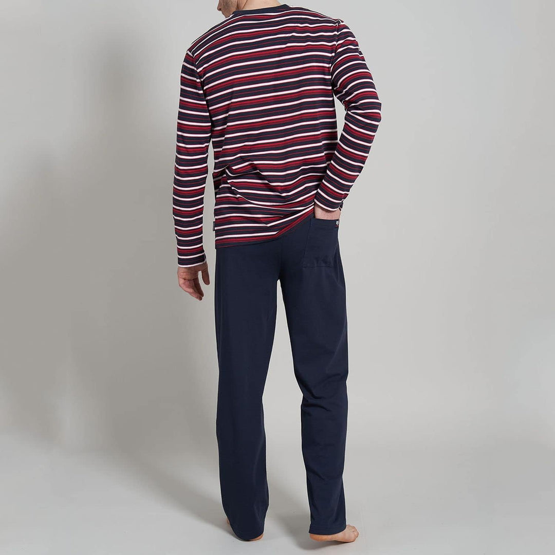 Ceceba Herren Schlafanzug Pyjama lang Rundhals Knöpfe | 1 Stück | 30946 48 Navy-rot-weiss Gestreift,