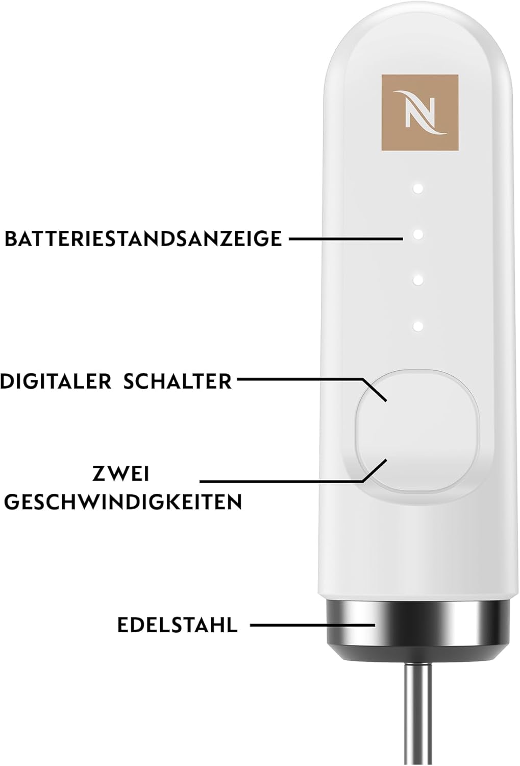 NESPRESSO NanoFoamer Stab-Milchaufschäumer Weiss | Wiederaufladbarer Stabmixer aus Edelstahl, USB‑C