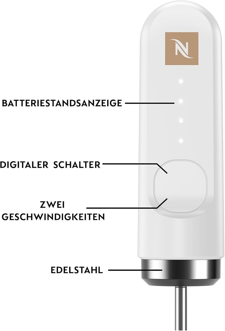 NESPRESSO NanoFoamer Stab-Milchaufschäumer Weiss | Wiederaufladbarer Stabmixer aus Edelstahl, USB‑C