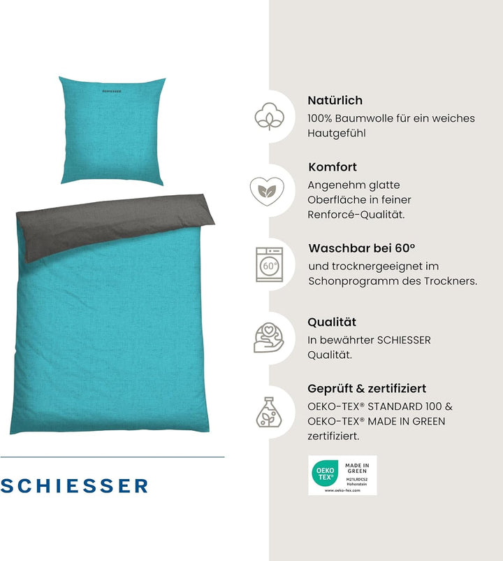 Schiesser Wendebettwäsche Doubleface Türkis-Anthrazit, 100% Baumwolle, Grösse:135 x 200 cm + 80 x 80
