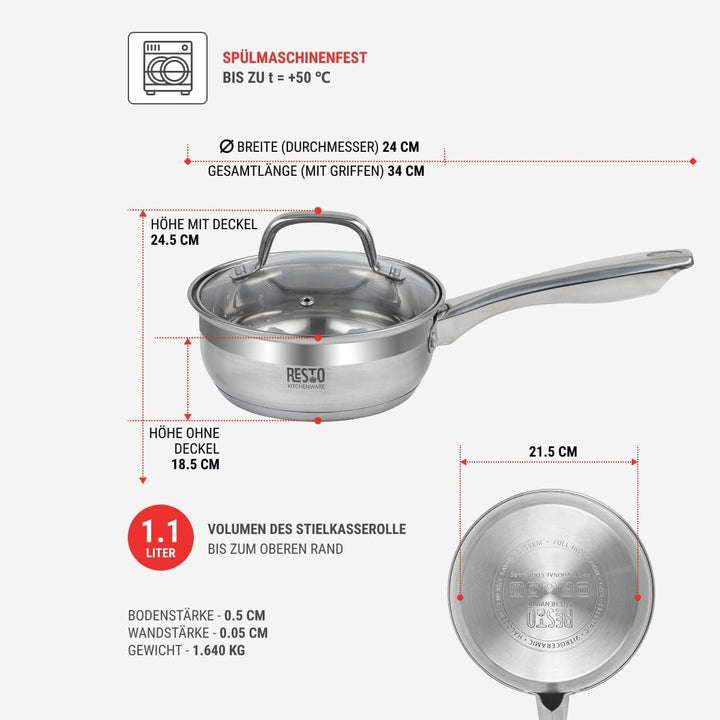 RESTO Kochtopf 1l, Bratentopf 16 cm– Saucepan Stielkasserolle aus Edelstahl mit hitzebeständigem Gla