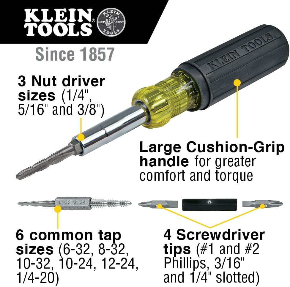 Klein Tools 32517 Multi-Bit-Schraubendreher/Gewindebohrer mit 6 gängigen Gewindebohrergrössen, 4 Sch