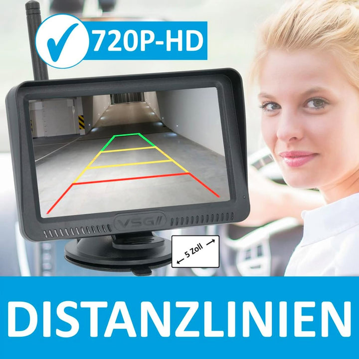 VSG24 5“ HD Set 2 Kameras Funk Rückfahrsystem Premium ONE für PKW, KFZ Set kabellos inkl. Rückfahrka