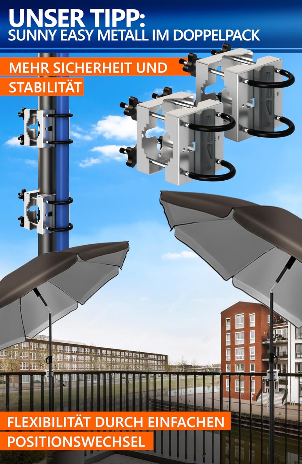 4smile Sonnenschirmhalter Balkongeländer - Edelstahl Schirmhalterung Balkongeländer SunnyEasy als So