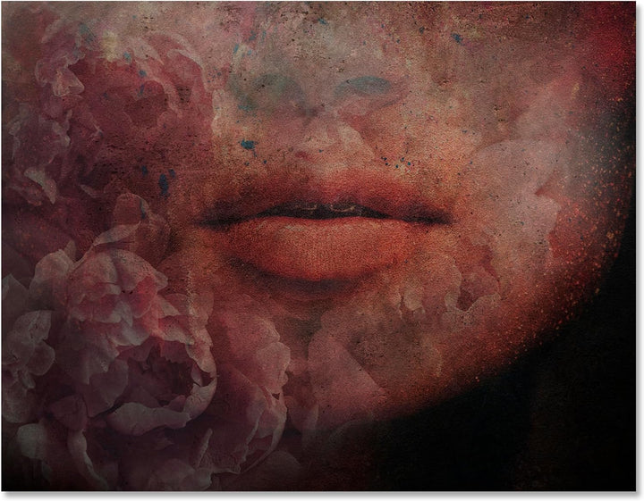 wandmotiv24 Leinwandbild Frauen-Lippen, Querformat, Lippen, Blumen, Beton M0356 100x75cm Leinwandbil