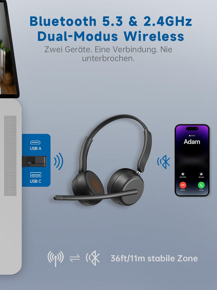Wireless Headset mit Mikrofon, Headset Bluetooth Mehrpunktverbindung, Verstellbarer Kopfbügel, PC-Ko
