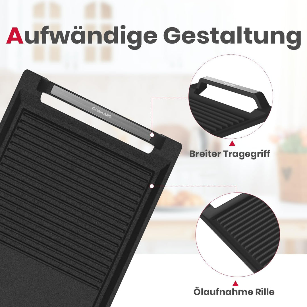 GASLAND IHGD-S23C Grillplatte mit Seitengriffen, Grillpfannen für Induktionskochfelder, Gusseisen mi